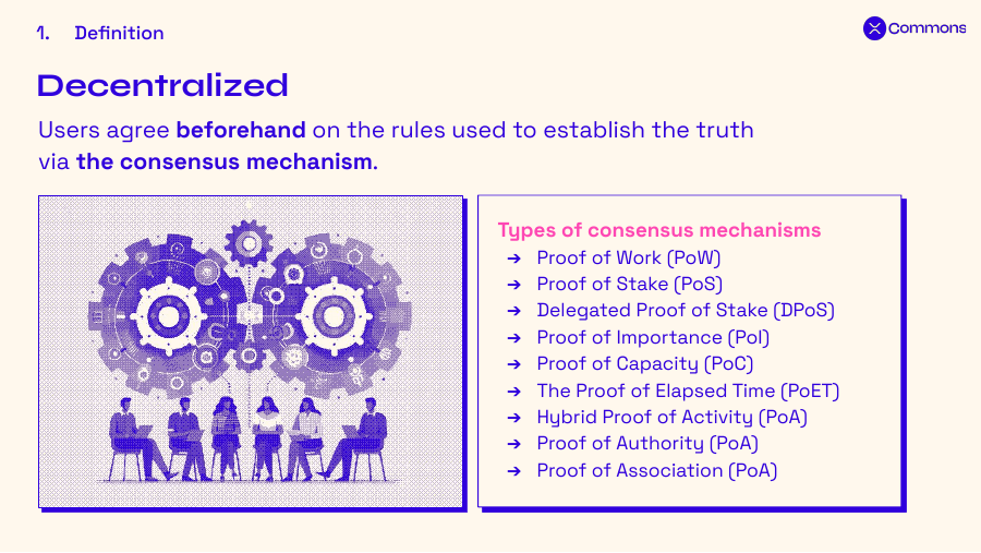 Because a blockchain is decentralized, participants agree beforehand on the rules used to establish the truth through a consensus mechanism, of which there are many types such as Proof of Work, Proof of Stake, and Proof of Association